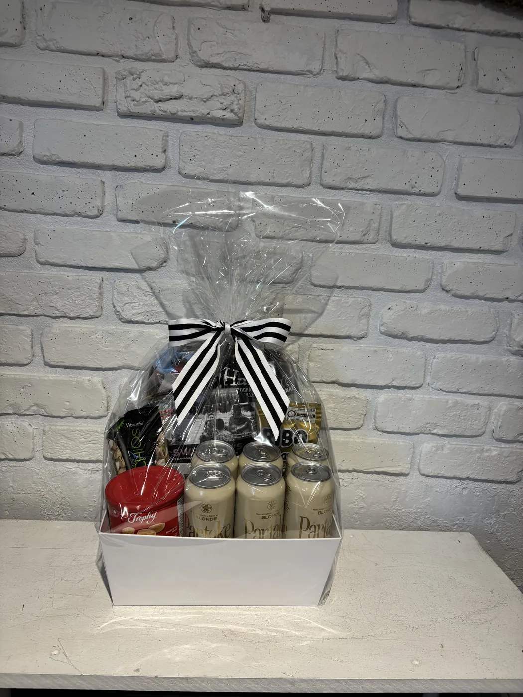 Partake non-alcoholic beer gift basket with chips, peanuts, pistachios and gummy bears
