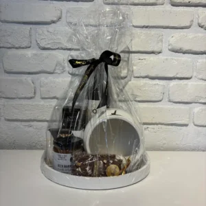 Boho white tray gift set with red wine, Cherrington water crackers, Beer Barrel peach salsa, local chocolates and a white accent pot