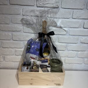 Wooden box gift basket with serving board, white wine and Okanagan treats