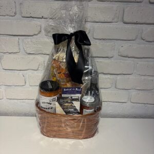 Pasta Lovers gift basket with Stefano Rosée pasta sauce, pasta bows, Castello brie, Baked is Best crackers and red wine