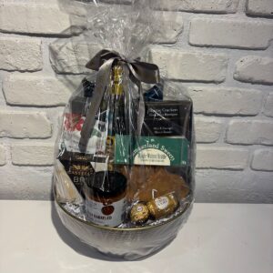 White Wine in a Hammered-Finish Metal Bowl gift basket with Castello brie, rustic crackers, maple walnut brittle, peach salsa and Ferrero Rocher